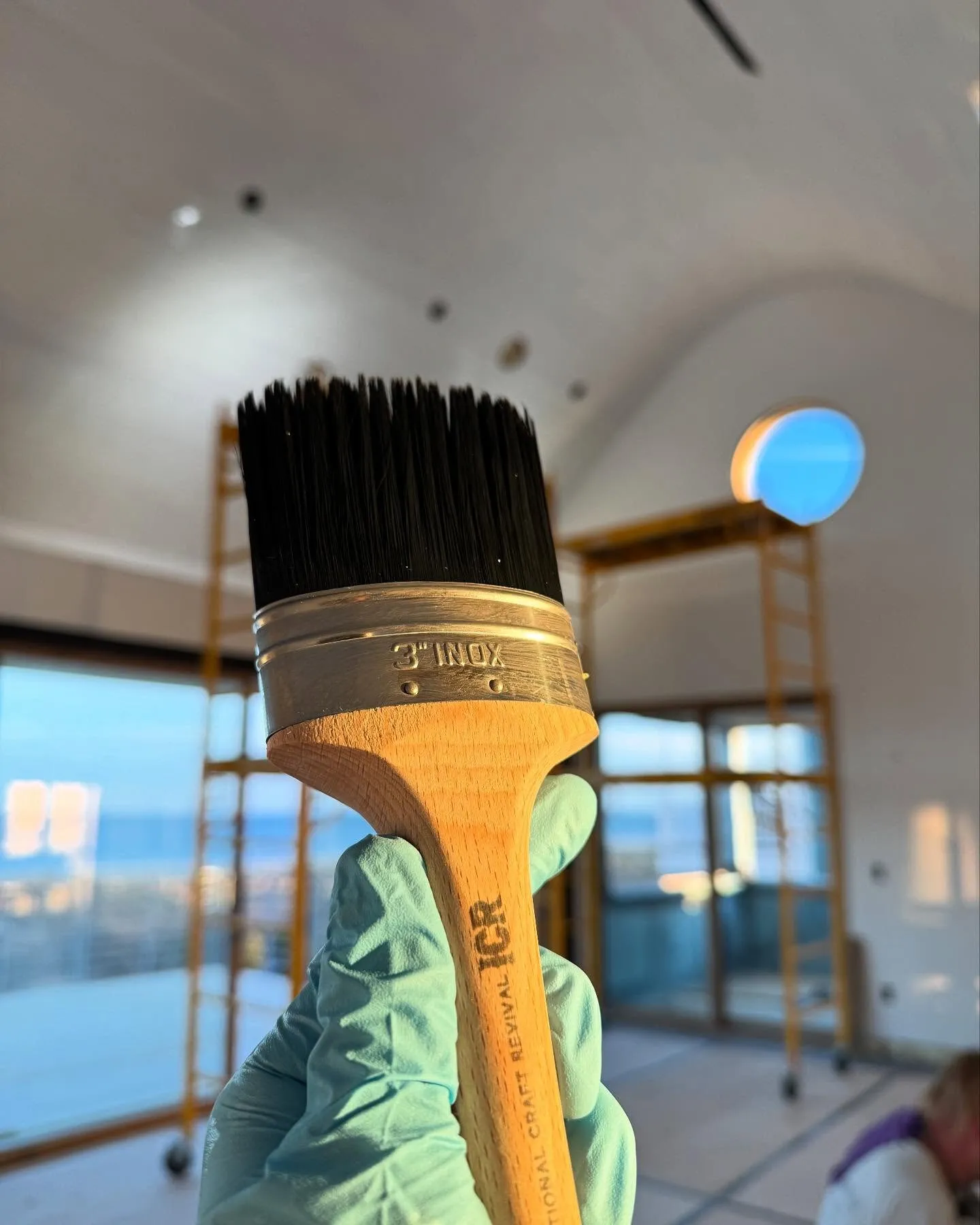 Brush held up in a vaulted room overlooking the water mid-project