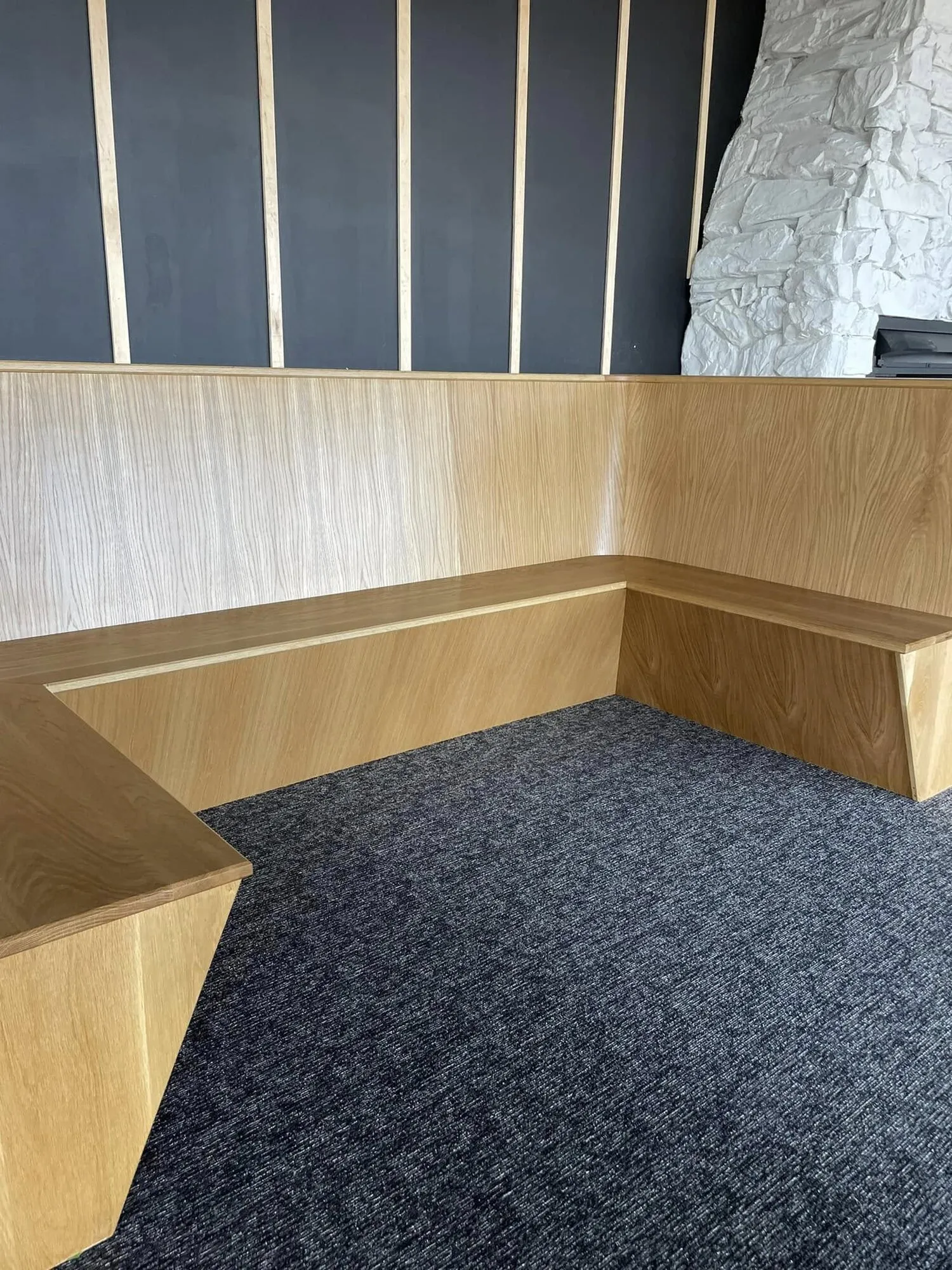 Oak restaurant bench seating with a clear protective finish