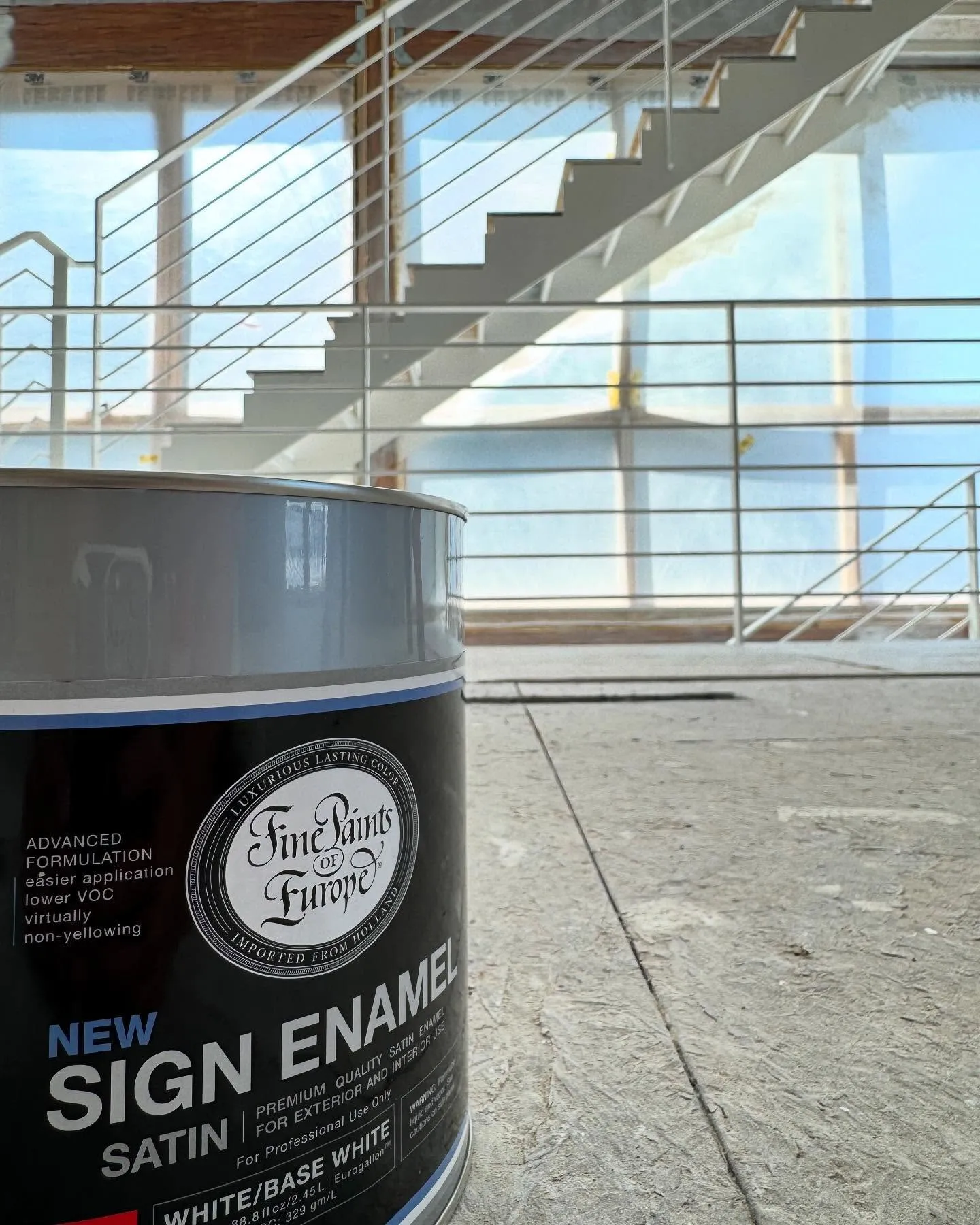 Fine Paints of Europe Sign Enamel can on a staircase project overlooking the water